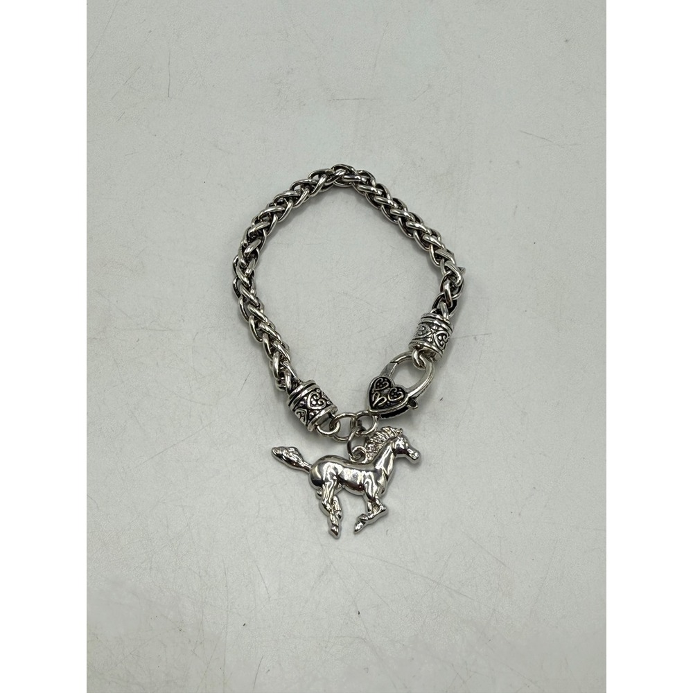 Silver Tone Wheat Chain Horse Charm Bracelet Heart Clasp Equestrian Western 8in
